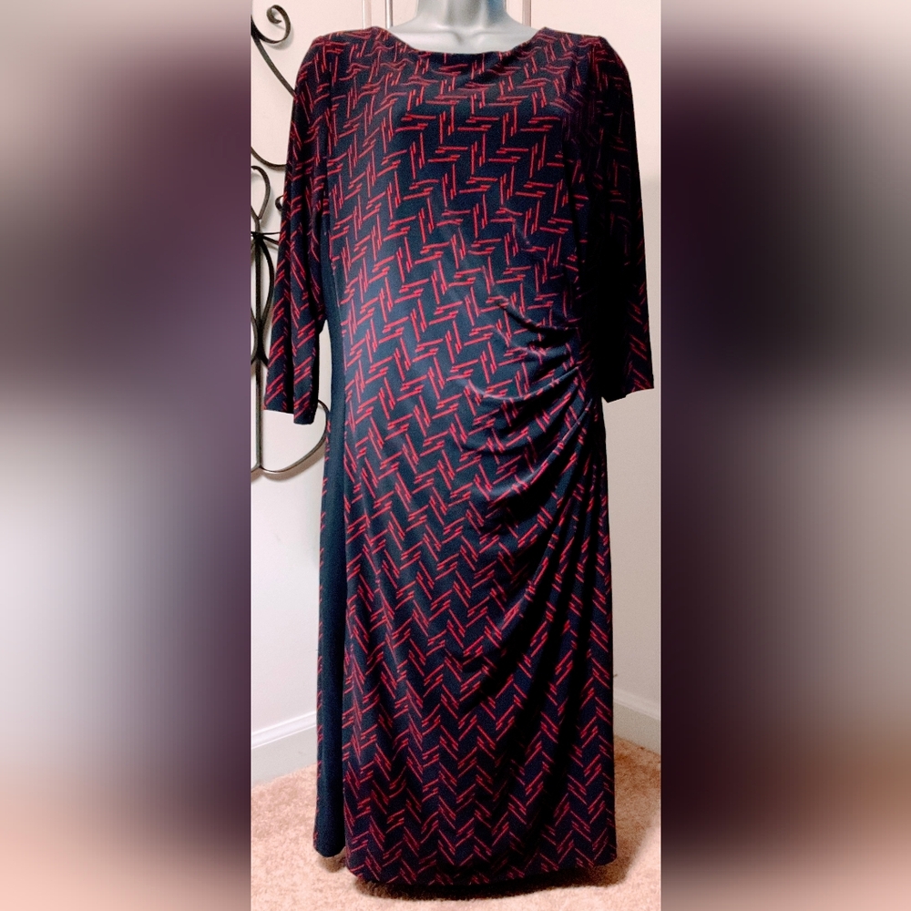 Lauren Ralph Lauren Red & Navy Blue Patterned Midi Dress